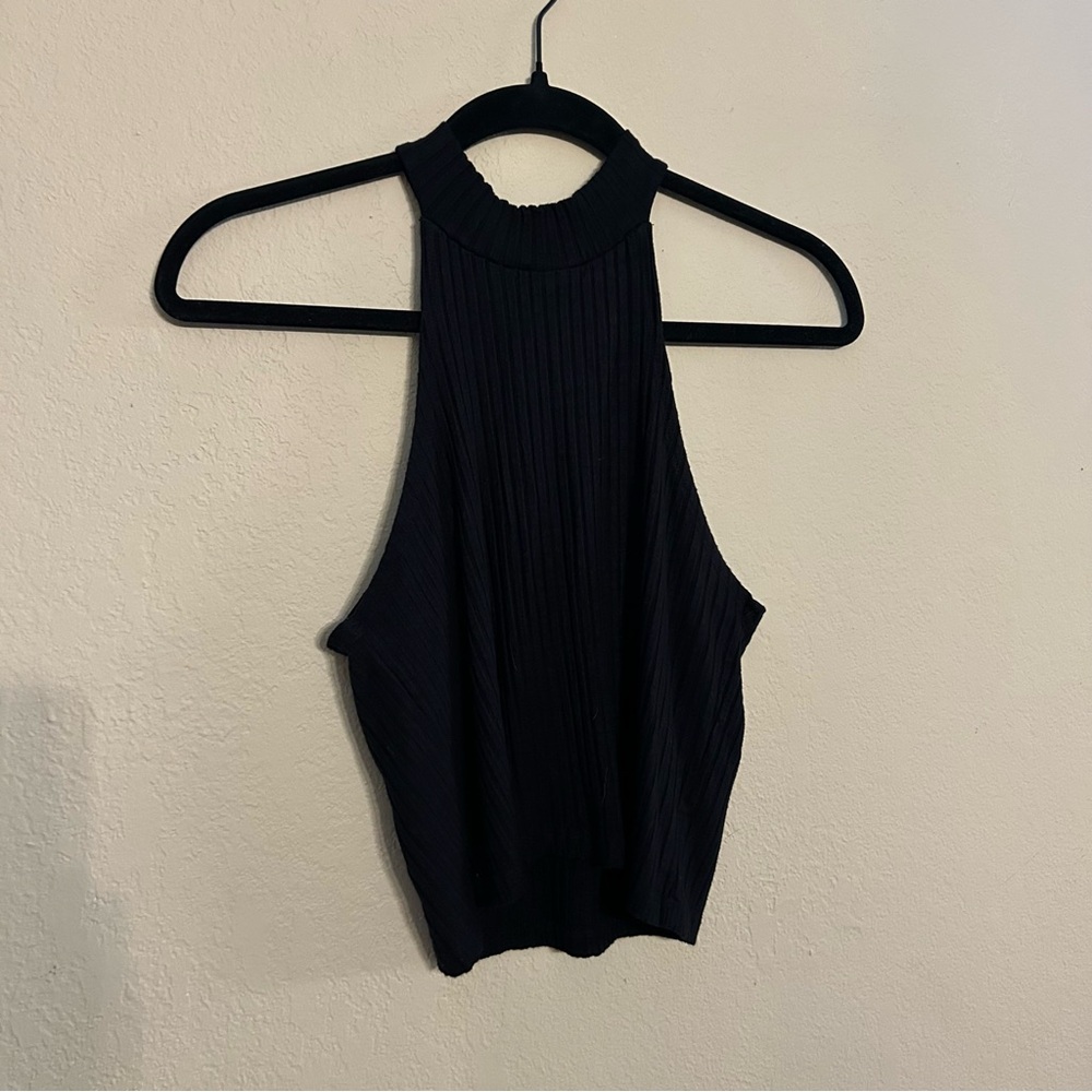 LNA Black Ribbed Halter Crop Top